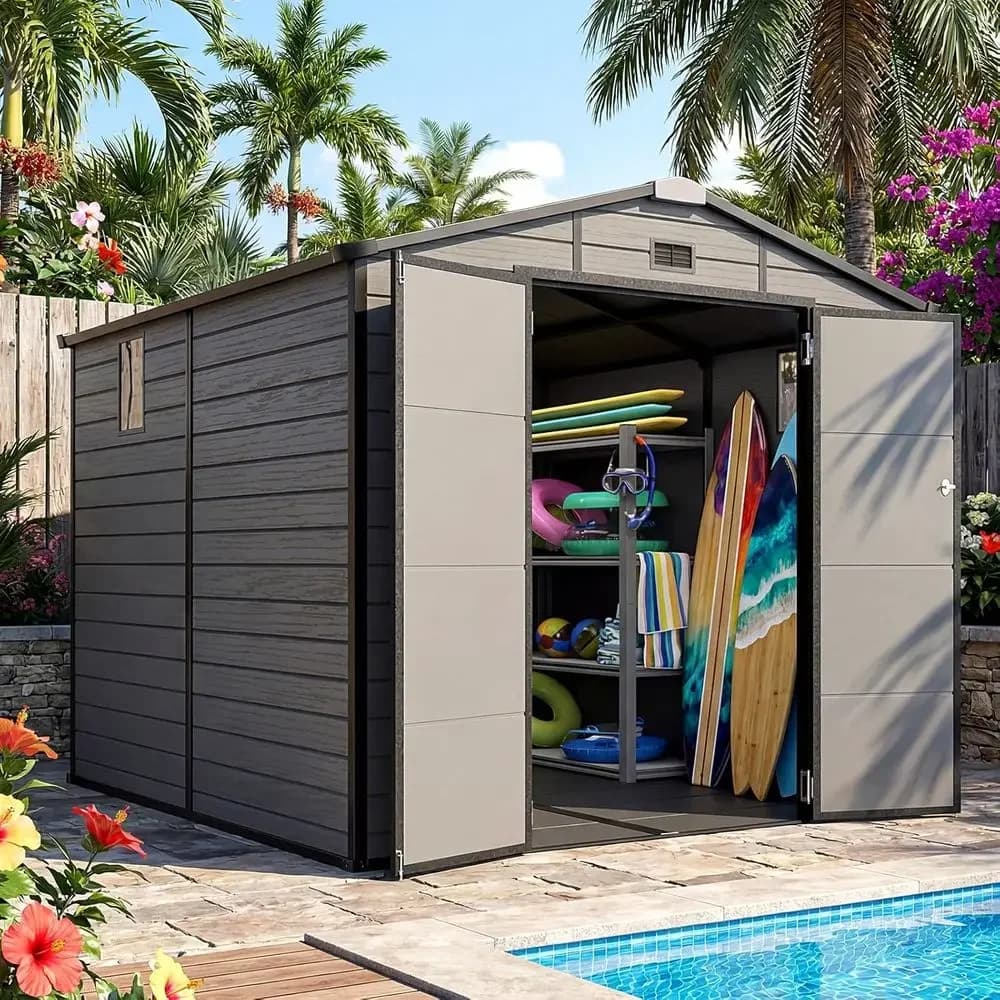 8x8 Outdoor Storage Shed with Floor, Plastic, Window, Vent, Lockable Door, Suitable for Tools, Garden, Patio, Bikes, and Lawn Eq