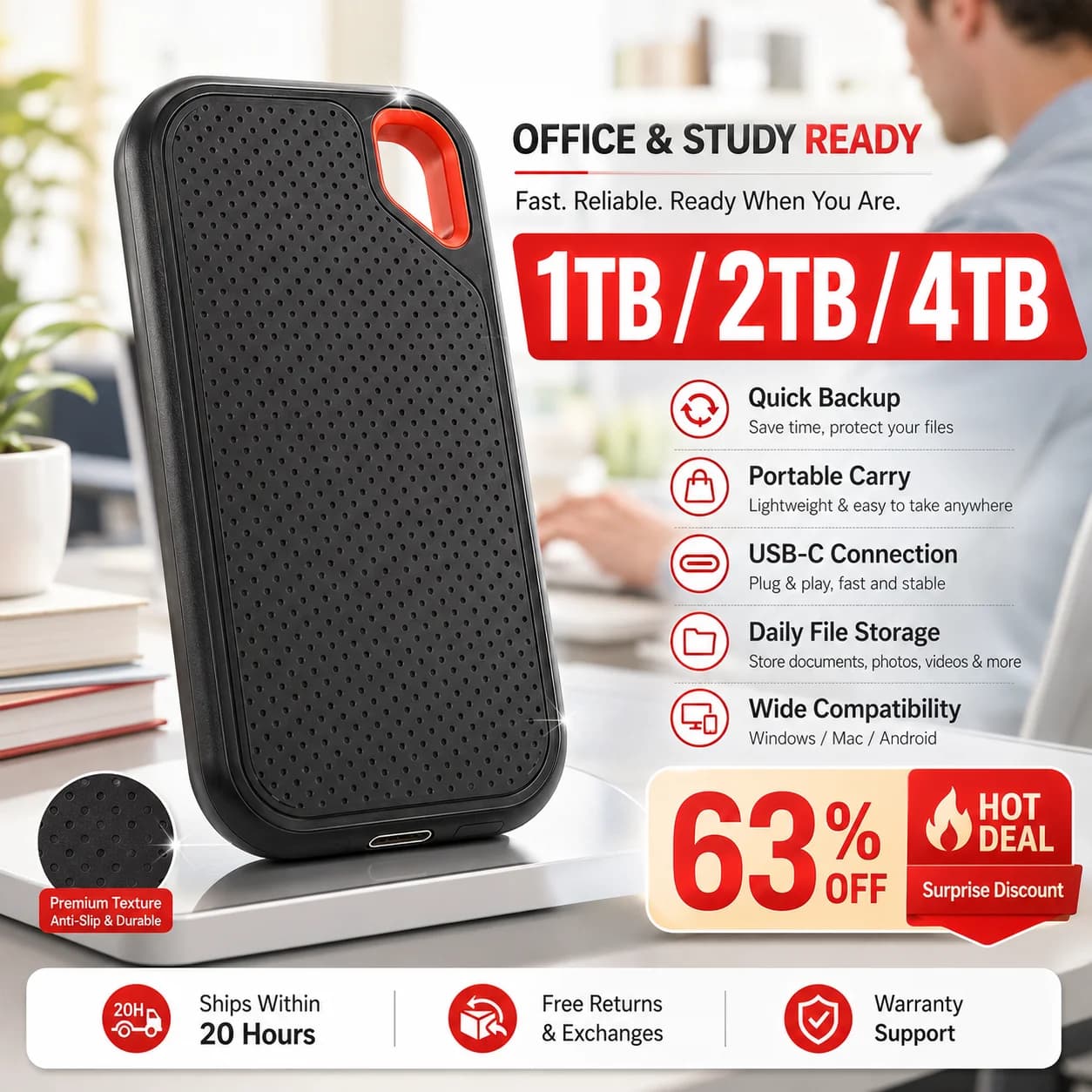 1TB Portable SSD 2TB External Hard Drive USB Type-C Compact Storage for Laptop/Mac