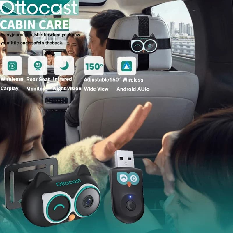 Ottocast Cabin Care Wireless CarPlay Adapter Baby Car Camera 1080P HD 150° Wide-angle Night Vision Backseat Monitor for 98% Car