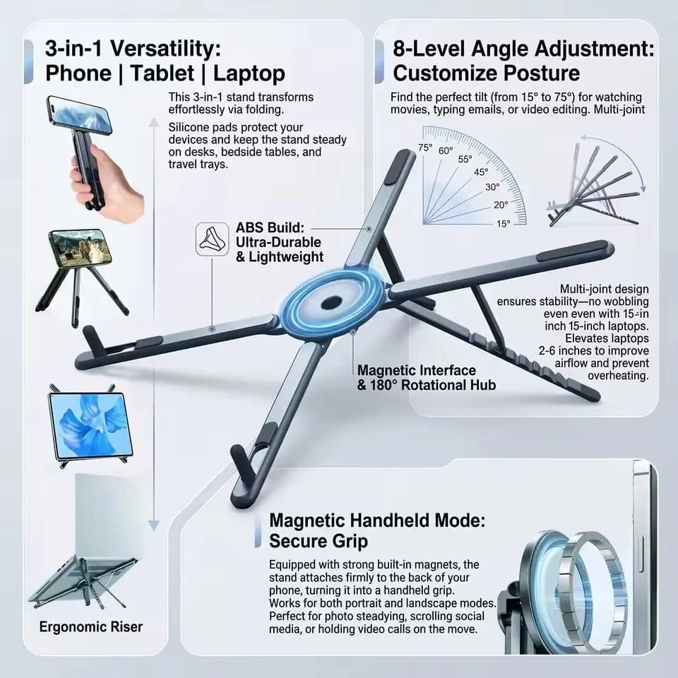 Portable Magnetic Phone Holder & Selfie Stick 3-in-1 Foldable Tripod Stand for iPhone iPad Tablet Laptop Desktop Use