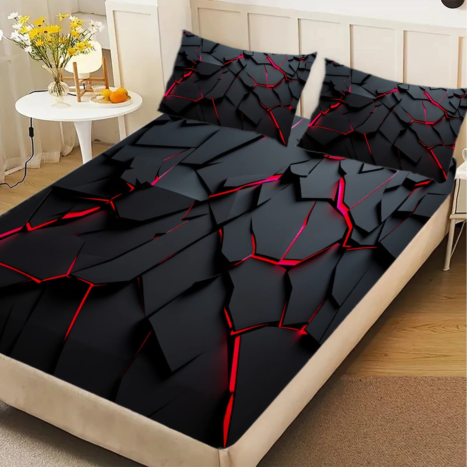 3Pcs Lightning Glow Fitted Sheet Set 3D Printed Soft Red Black Bedspread Single Twin Queen King Size Bed Sheet Set Home Decor