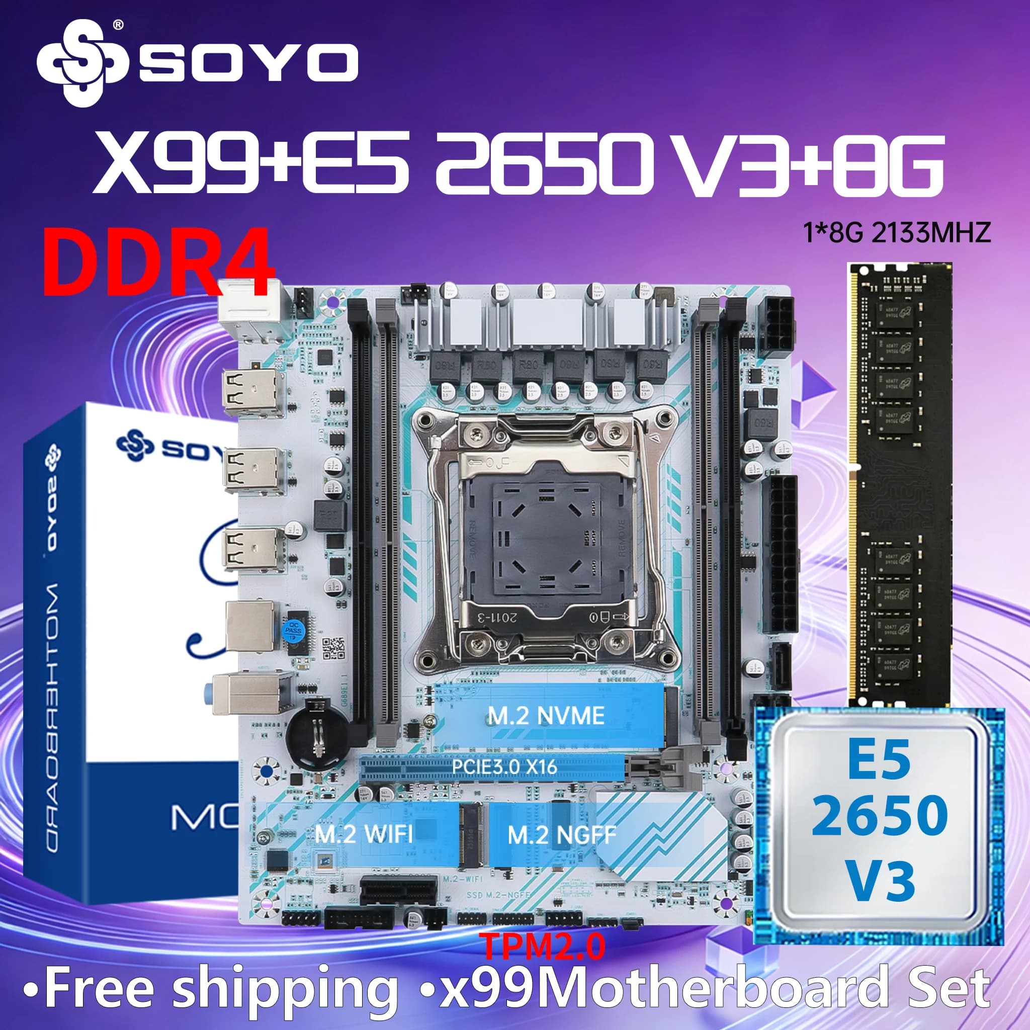 SOYO X99 DDR4 Motherboard with E5 2650 V3 CPU 8GB RAM LGA2011-3 Intel Kit Xeon PCIe3.0x16 M.2 (NVMe)  Desktop PC Game TPM2.0