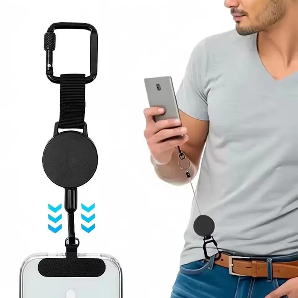 Anti-Theft Retractable Phone Holder Smartphone Safety Lanyard with Carabiner Anti-Drop Harness for Hiking Cycling Climbing
