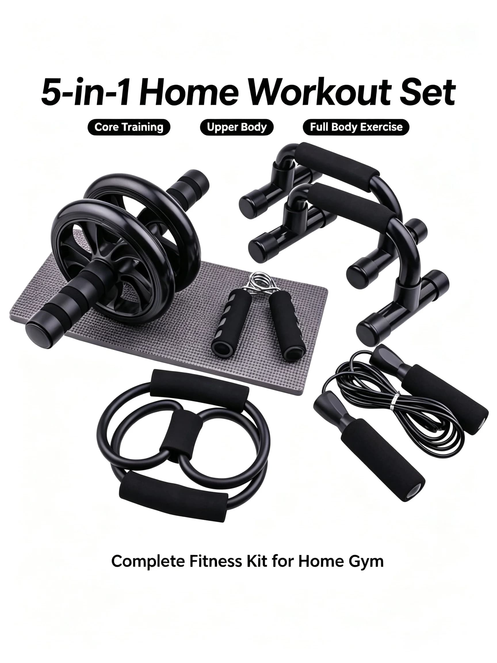 7‑Pcs Portable Home Workout Set , Skipping Rope Hand Gripper Push‑Up Bars Abdominal Roller for Full‑Body Muscle Fitness Training