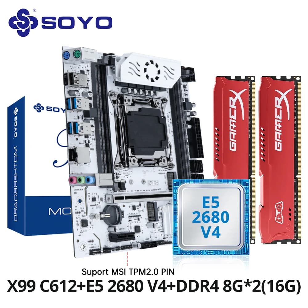 SOYO X99 Gaming Motherboard Set C612 Chipset TPM2.0 Pin with E5 2680 V4 CPU & DDR4 16G (2*8G) 2133MHz RAM PCIE3.0 for Desktop PC