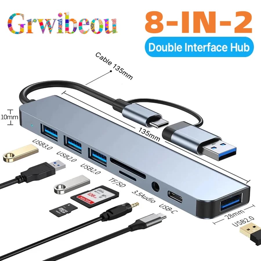 8 In 2 USB +Type C HUB With Splitter Card Reader, USB C Port, USB 3.0 / 2.0, SD/TF Splitter Card Reader, Docking Station