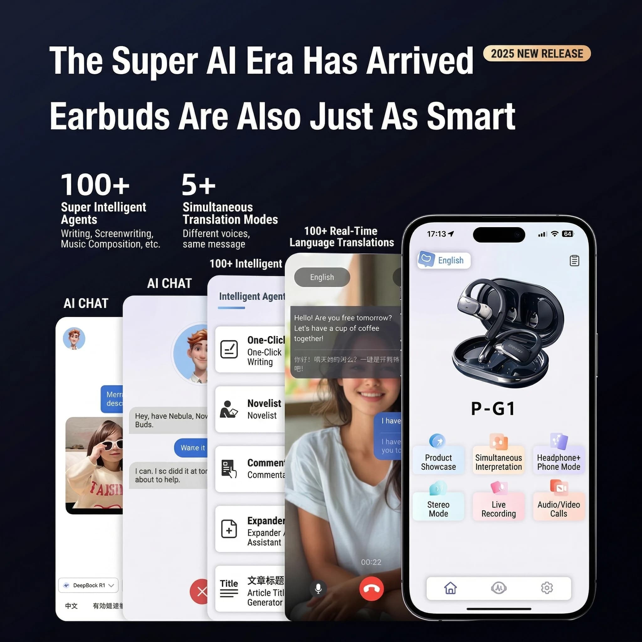 Monoise P-G1 AI Voice Assistant Earbuds Open Ear Wireless Bluetooth Earphones ChatGPT Real-Time Translation 80H Long Battery