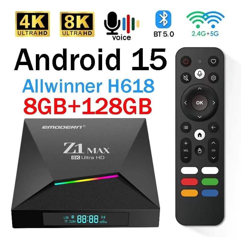 Z1 Max TV Box Android 15 IPTV Allwinner H618 Quad Core 4G 5G Dual WiFi HD 8K 4K Media Player BT 5.0 Support Voice Remote TV Box