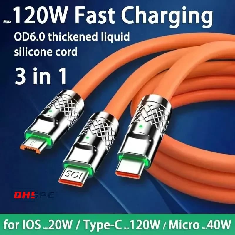 120W 6A Fast Charging C Type Cable Micro3 in 1 Micro USB iPhone Charging Cable Samsung Huawei Xiaomi Phone Charger USB Cable