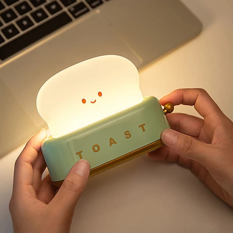 Cute Smile Face Toaster Night Light Rechargeable Dimmable Toast Shape Bedside Lamp Creative Desktop Decor Bedroom Room Gift