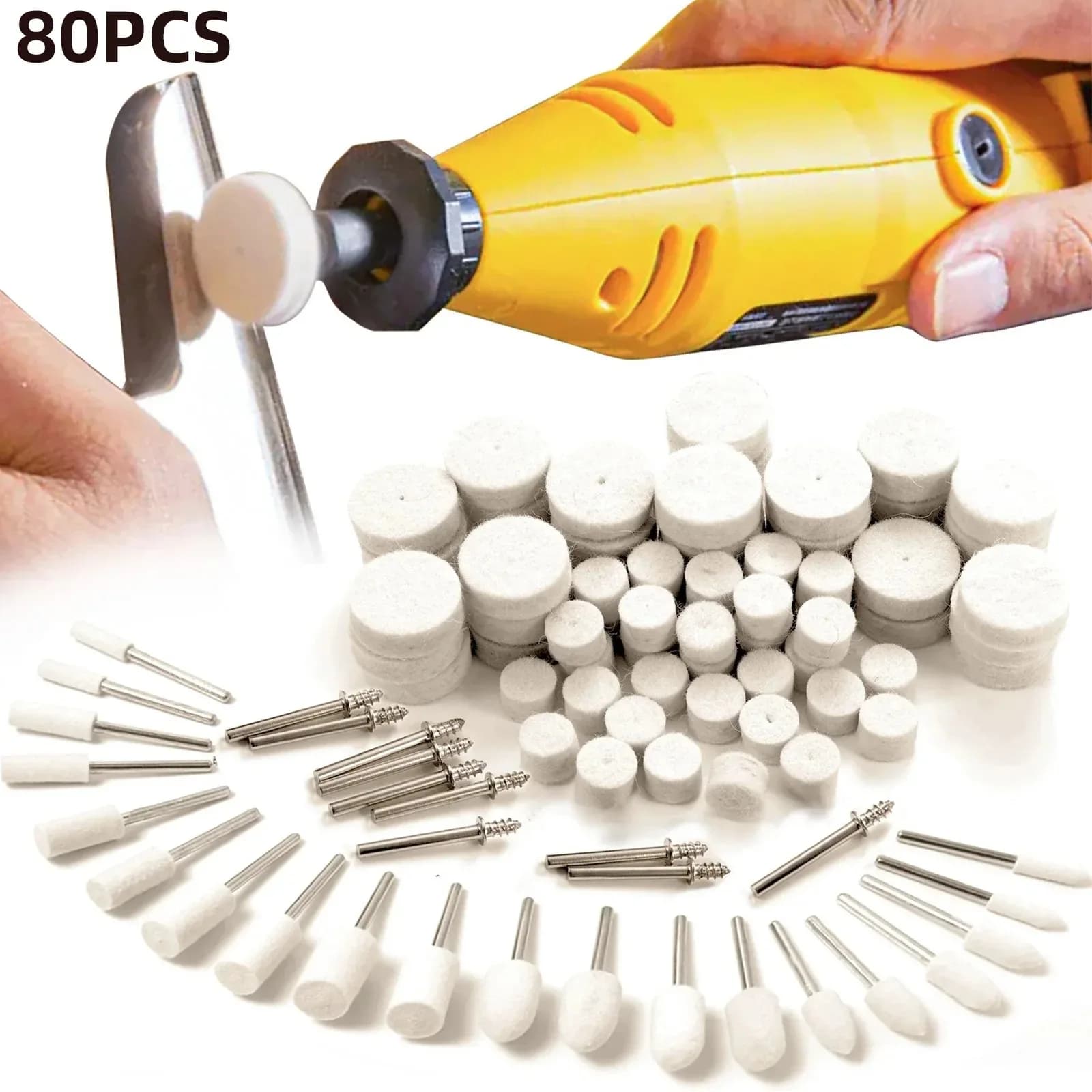 80PCS Wool Felt Buffing Wheel Kit, 1/8" Shank Rotary Tool Polishing Wheels for Metal Jewelry Wood Plastic Resin