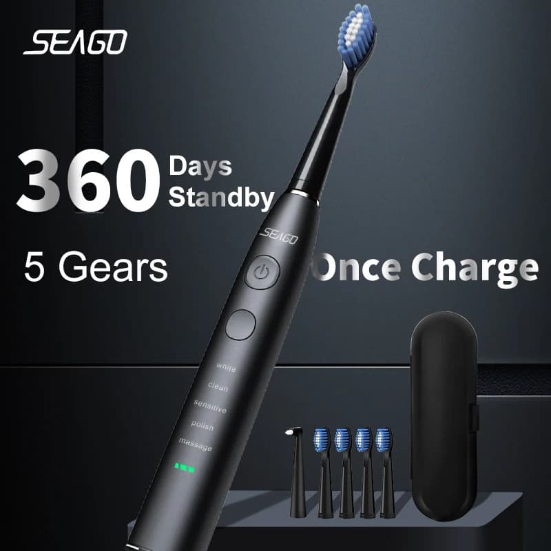 Seago Electric Toothbrush USB Rechargeable Adult 360 Days Long Battery Life IPX7 4 Replacement Heads Travel Box  SG-575