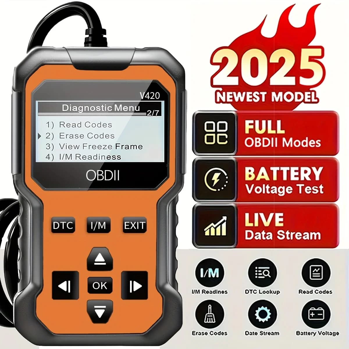 V420 Obd2 Diagnostic Tool for Cars and Trucks (Applicable from 1996 Onwards) - Engine Fault Light Detector, Battery Voltage Tester, Real-Time Data Stream, Frozen Frame Data, USB Powered (No Battery Required), Diagnostic Code Reader |   Portable Scanner |   Durable Plastic Case, Car Diagnostic Tool