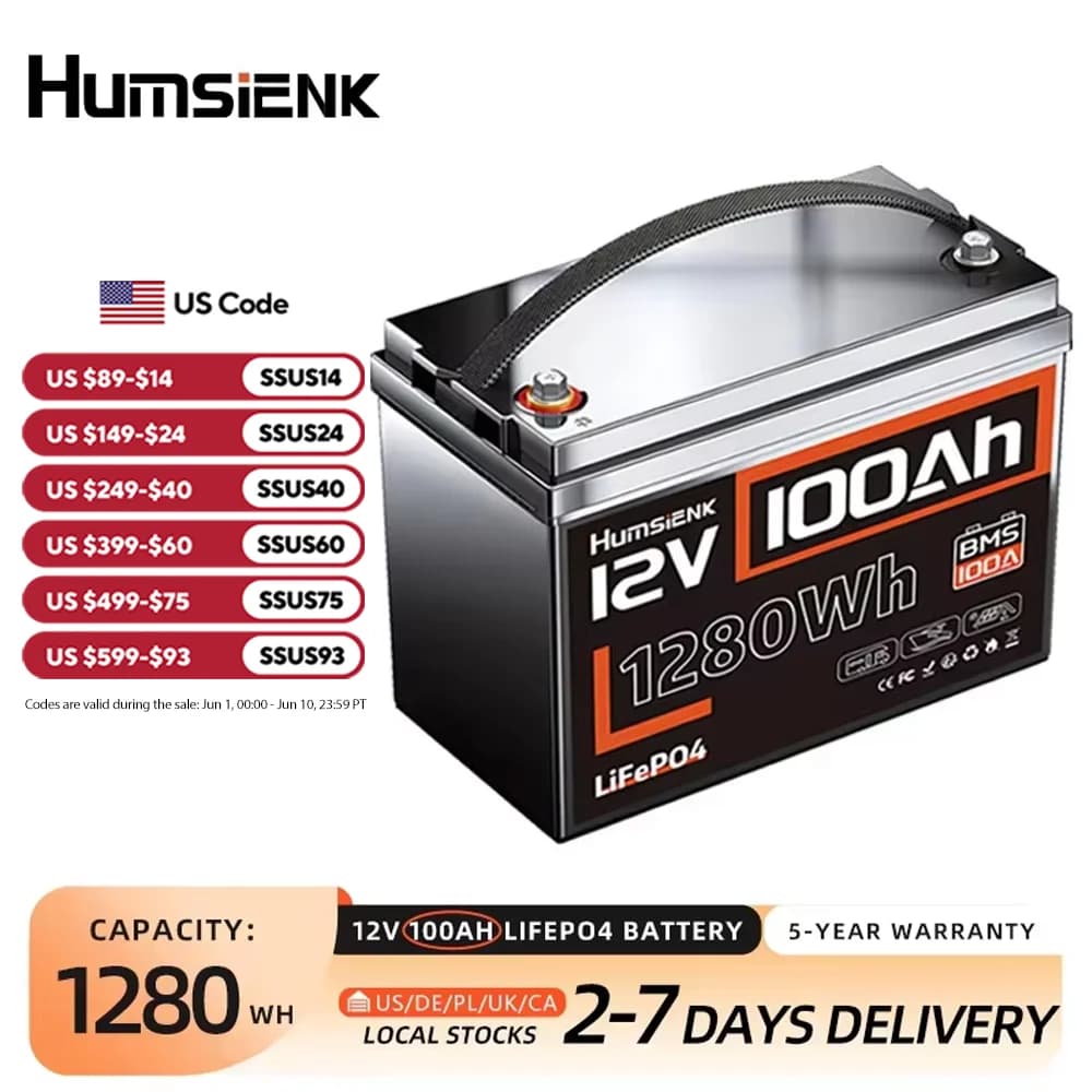 Humsienk LiFePO4 Lithium Battery 12V 100AH BMS 100A 1280Wh For RV/Vans/Trolling Motor/Off-grid/Camping/2-Year Warranty/UL 1973