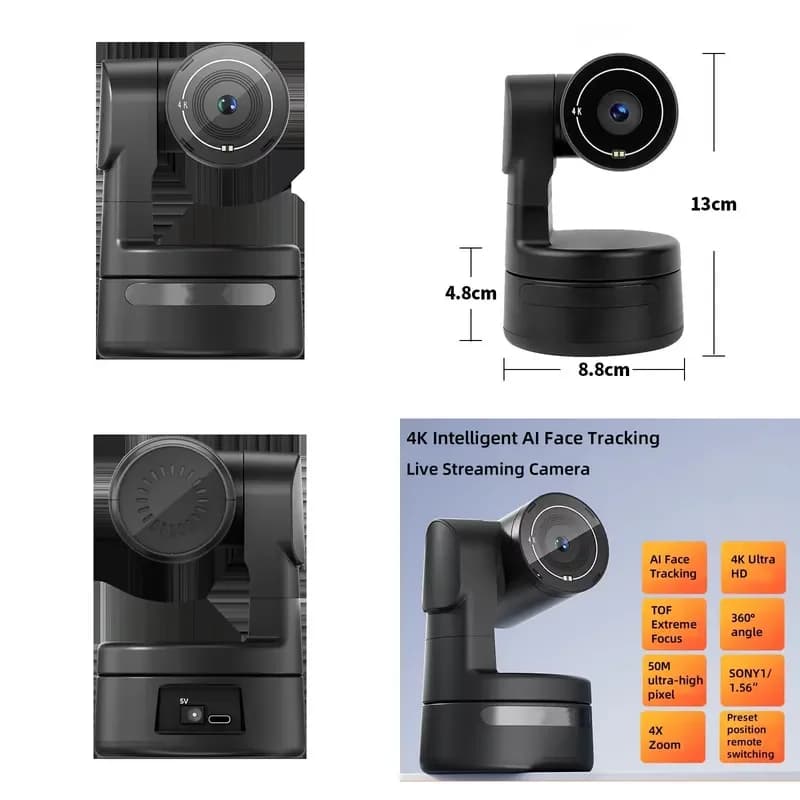Tiny 4K PTZ Webcam For PC, AI Tracking PTZ Streaming With Gesture Control, For Laptop, Meeting, Video Calls