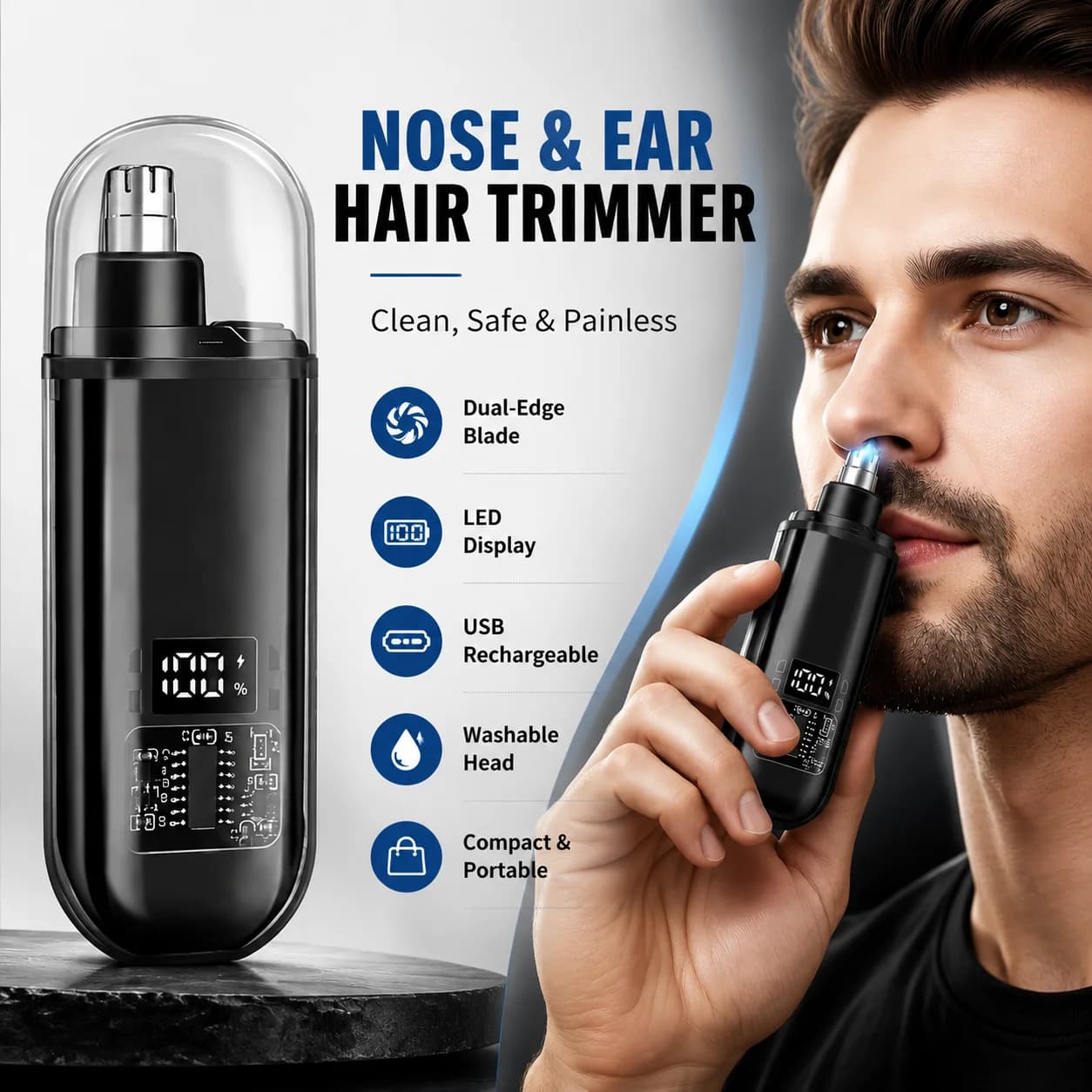 Men's Nose Hair Trimmer USB Rechargeable Electric Nose Ear Hair Clipper LED Display Portable Grooming Tool