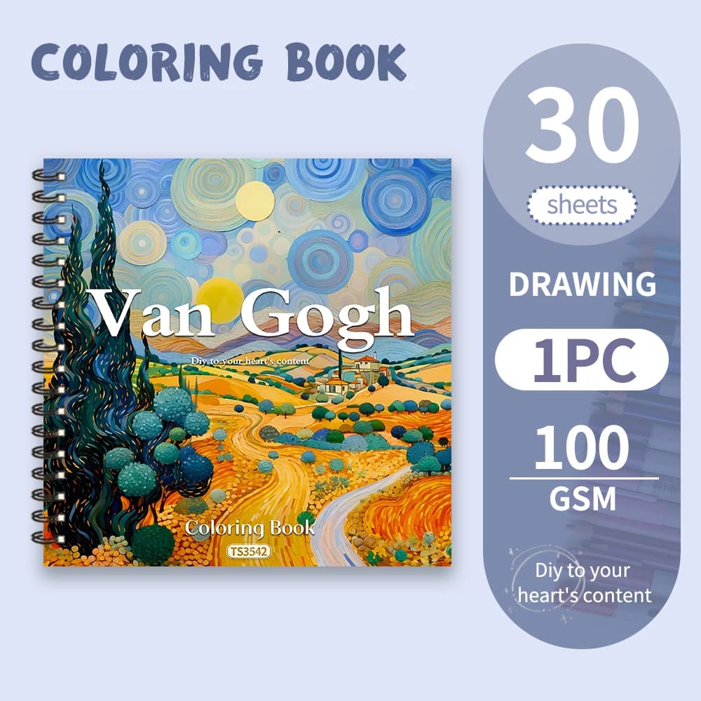 Van Gogh Colouring Book - 30 Sheet Adult Colouring Book, 100gsm8.3x 8.3 inch, Drawing Book, Birthday Gift, Holiday Party Gift