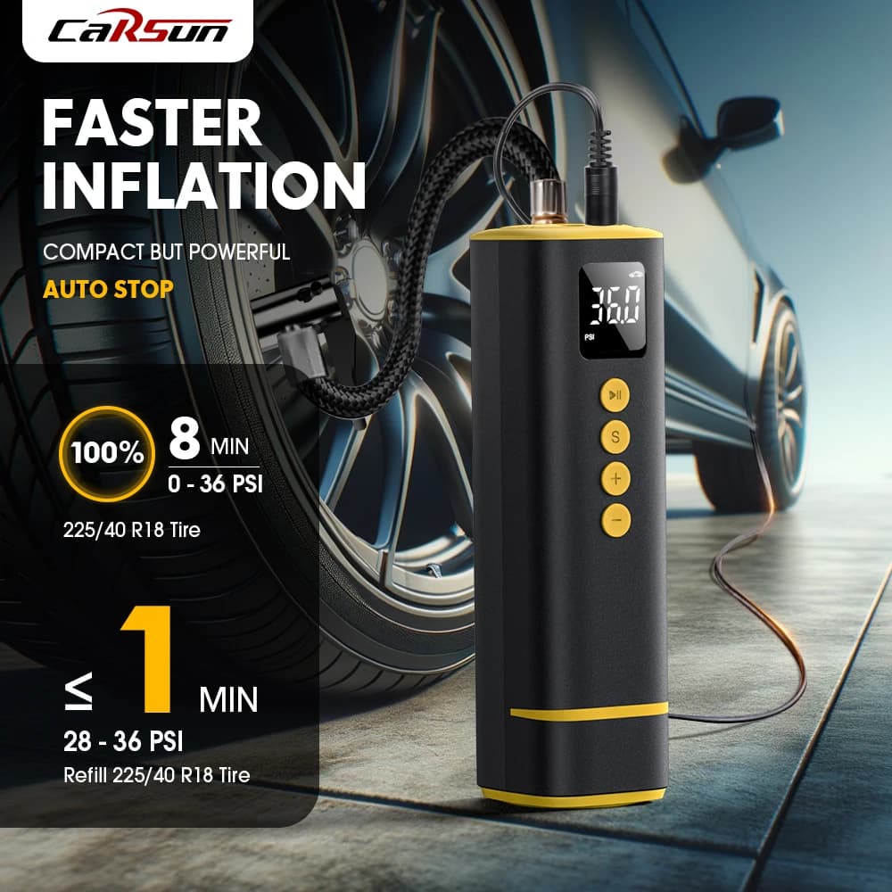 CARSUN Wired Mini Tire Inflator Portable Air Compressor With Extended Cord Suitable For Car Bike Motorcycle Routine Inflation