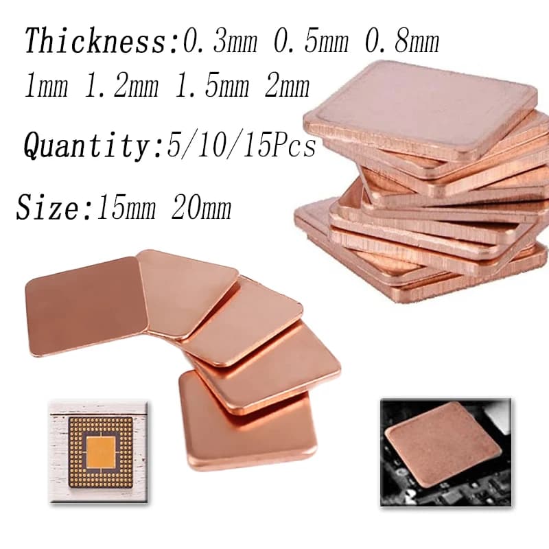 5/10/15Pcs Laptop Coppers Shim Thermal Pad, 0.3-2mm Thick Heatsink Sheet for GPU CPU VGA RAM Chip Cooling, 15x15/20x20mm Size