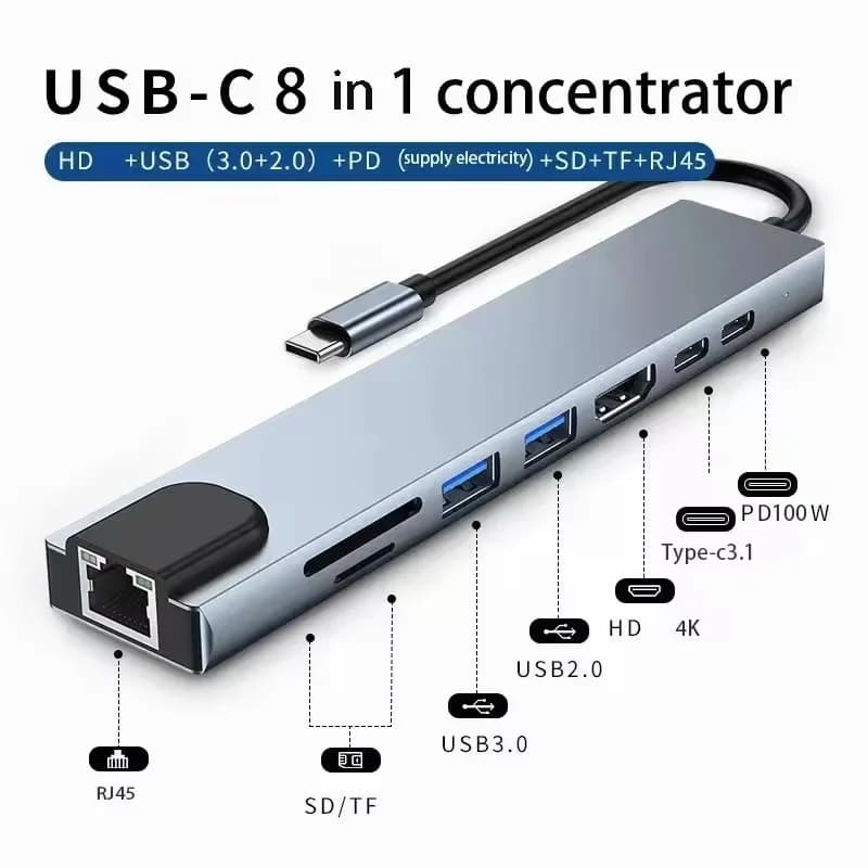 8In1 7In2 7In1 USB C Hub with 4K HDMI RJ45 SD/TF Card Reader PD Fast Charge Type C Adapter