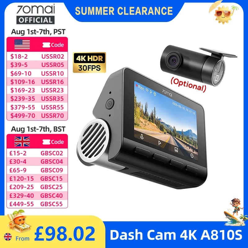 70mai Dash Cam A810S 4K HDR GPS ADAS Auto Record Dual-Channel Motion Detection 4G LTE Support Car DVR 70mai A810S Global Ver