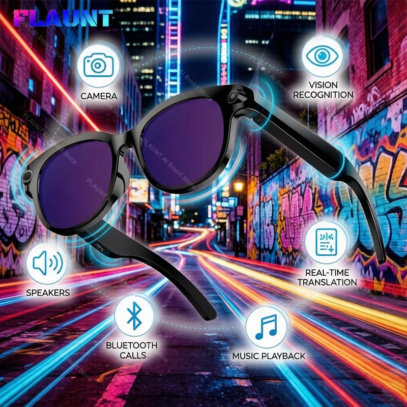FLAUNT AI Smart Glasses 4K Camera HD Photo ChatGPT Identify Objects ​Voice Call Video Music Record Translation Bluetooth Eyewear