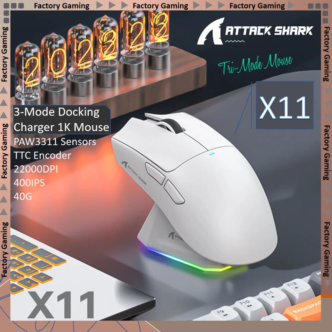 ATTACK SHARK X11 Tri-Mode Lightweight Gaming Mouse have PAW3311,22000DPI,400IPS,40G,59g,Magnetic Fast Charging,RGB backlight