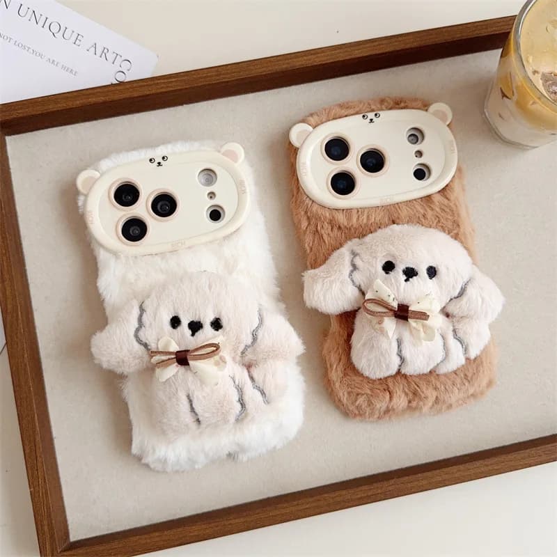 3D Cartoon Bowknot Puppy Warm Fluffy Plush Phone Case For iPhone 17 Air 16 15 14 13 12 11 Pro Max With Lanyard Shockproof Cover