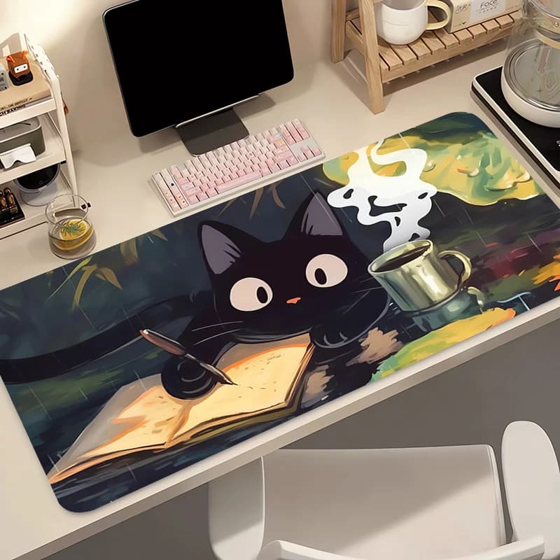 Kawaii Black Cat Silicone Soft Gaming Mouse Pad Large Keyboard Pad Topographic Mouse Pad for Keyboard with Anti-Slip TableMat