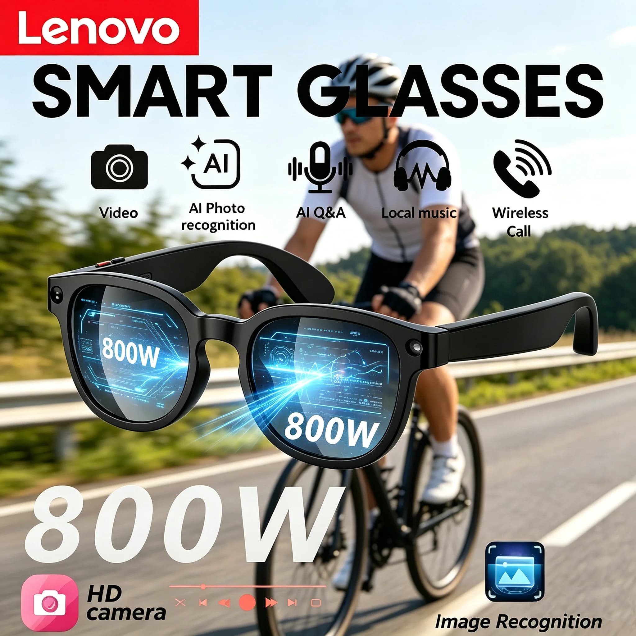Lenovo 8MP HD Smart AI Glasses 4K Shooting Camera  Photo Video Voice Call Translation Waterproof Bluetooth AI Motorcycle Glasses