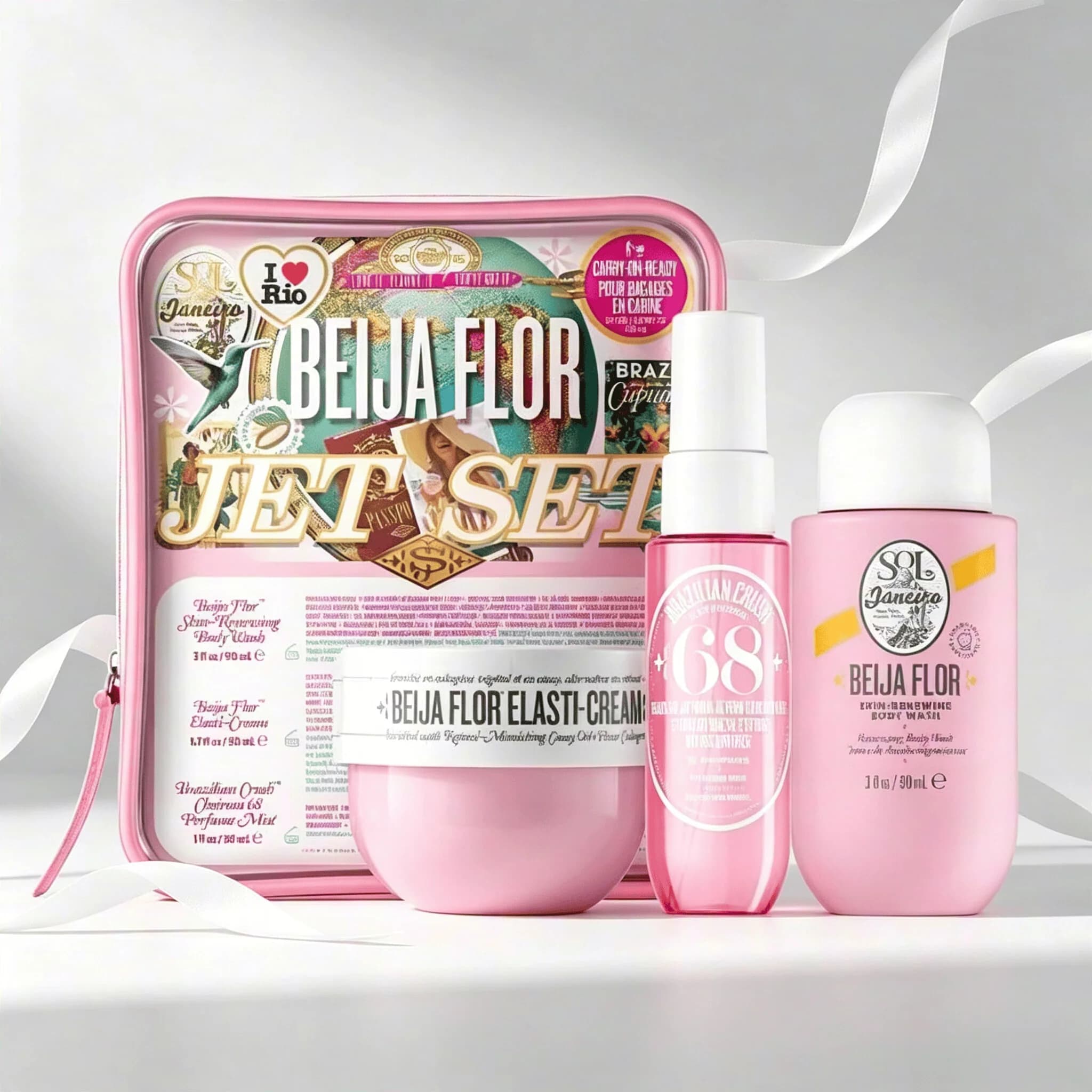 Sol de Janeiro Beija Flor Jet Set Travel Perfume Gift Set For Women Cheirosa 68 Sweet Jasmine Vanilla Warm Gourmand Scent Portable Mini Body Mist Firming Cream Body Lotion Complete Pink Storage Bag Perfect Valentine Holiday Perfume Gift for Ladies