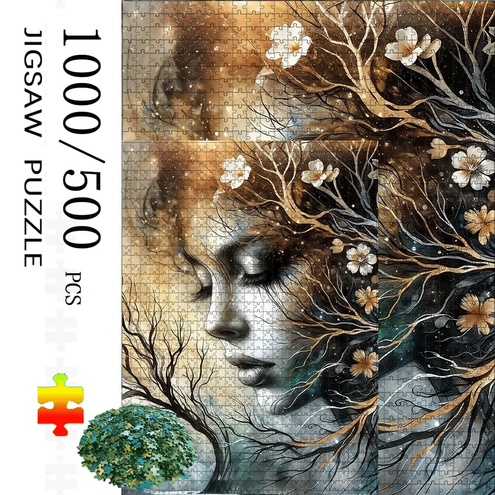 1000/500pcs -Inspired Cherry Blossom & Woman Face Jigsaw Puzzle - Large Adult Brain Teaser, Family Game Night, DIY Home Decor,