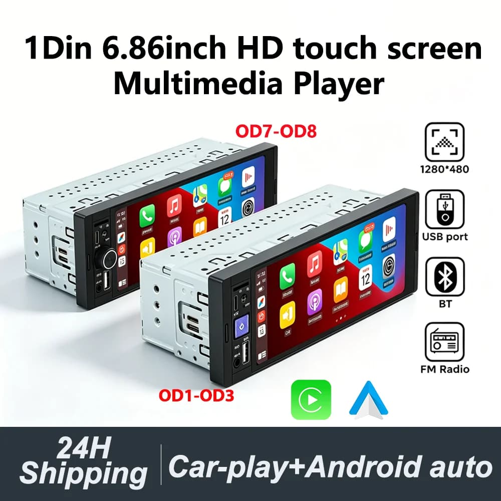 1Din Wireless CarPlay Android AUTO HD touch screen Universal 6.86'' Car Radio FM Stereo MP5 multimedia player BT TF port Camera