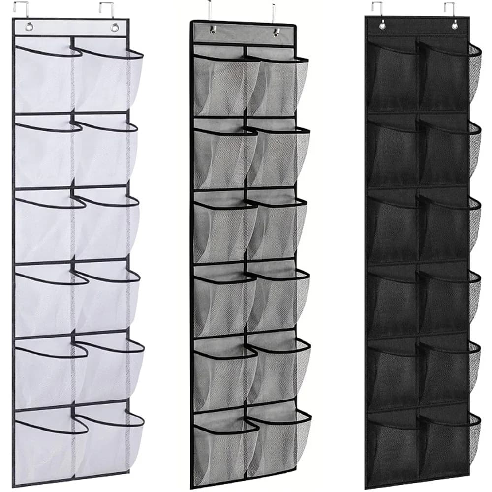 12 Pockets Over the Door Shoe Organizer Large Mesh Pockets With 2 Hooks Transparent Fabric Shoe Rack Storage Bag For Bedroom