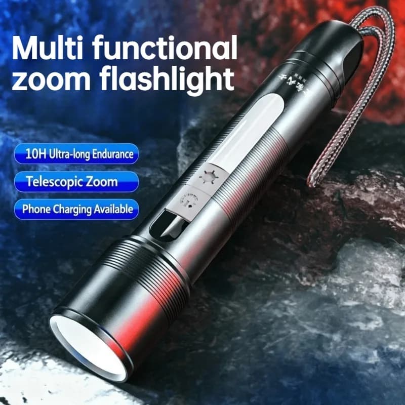 Multi Functional LED Flashlight Zoomable COB Side Light Rechargeable Power Bank Portable Waterproof Torch Outdoor Camping Hiking