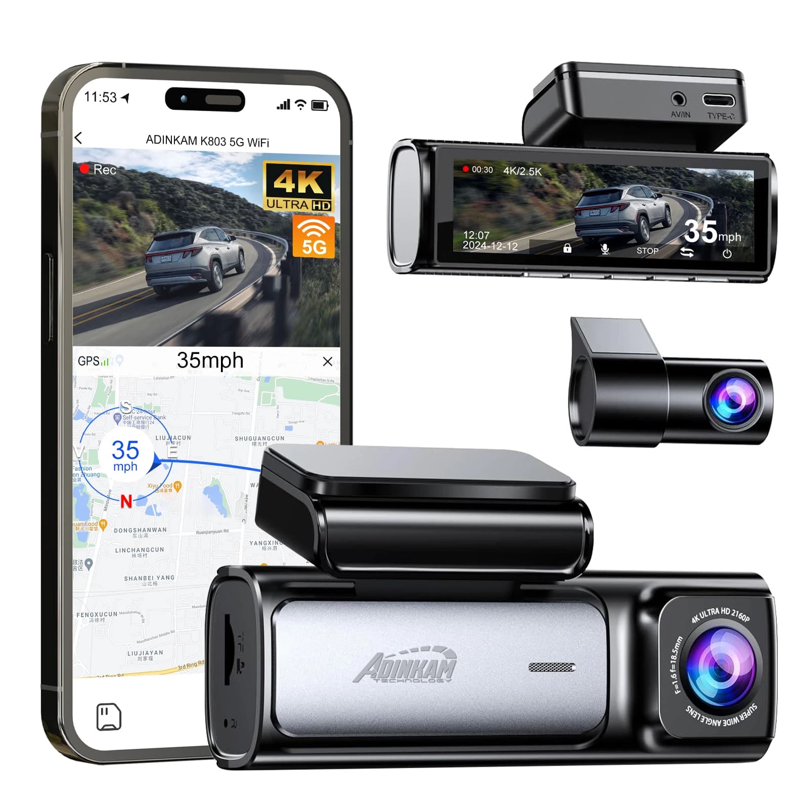 ADINKAM Dual Lens 5G WiFi GPS Dash Cam Front 4K Rear 2.5K Recording Night Vision Loop Parking Monitor 1 Year Warranty