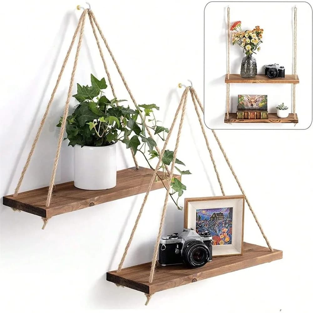 1pc Wood Hanging Shelve Swing Hanging Hemp Rope Wall Shelve Mounted Floating Home Living Room Plant Flower Pot Tray Storage