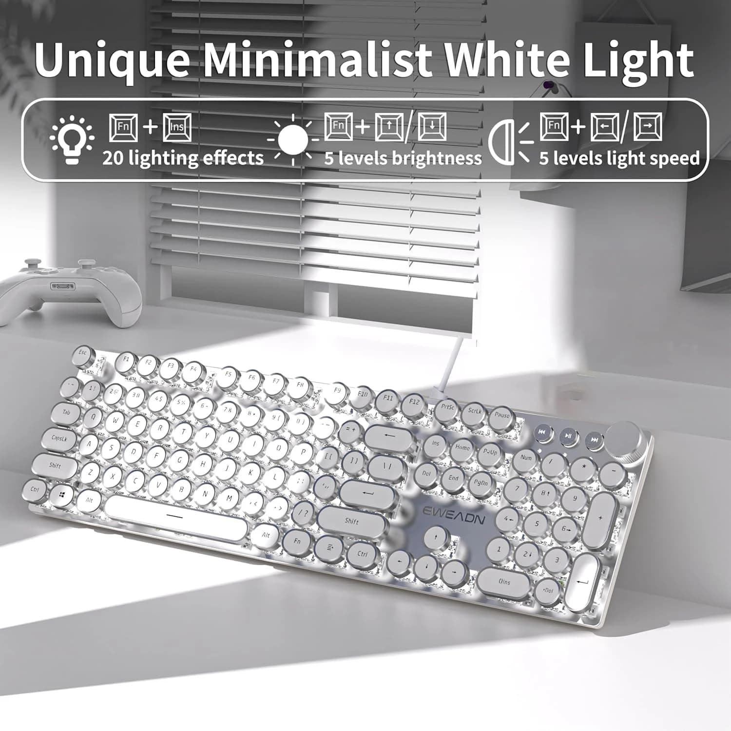 EWEADN Wired Mechanical Keyboard, Retro White Typewriter Style, Full-Size, LED Backlit, Knob Control, Ergonomic for Office &