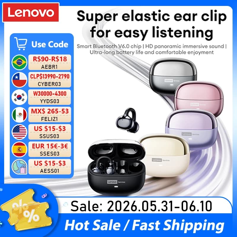 Choice Lenovo LE302 OWS Ear clip Wireless Earphones Low Latency HD Call Bluetooth Headphones HiFi Music Sport Fashion Earbuds