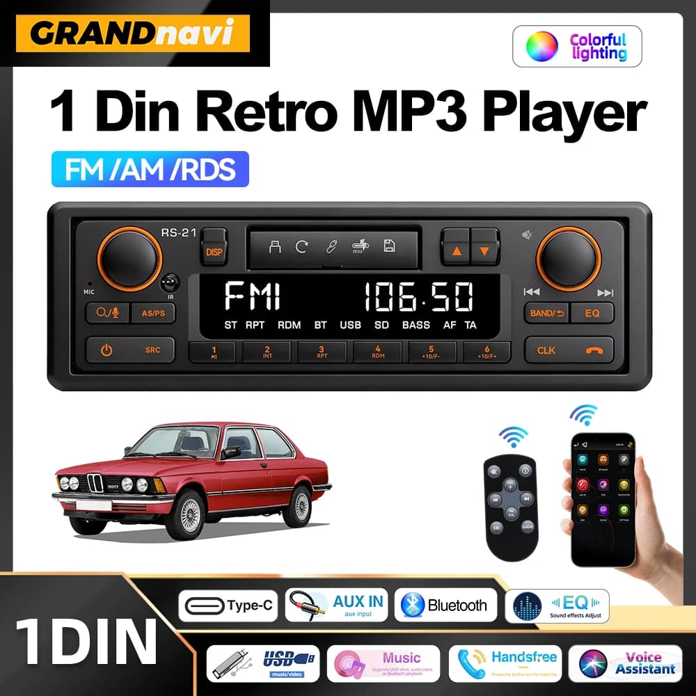 1DIN Retro Car Radio MP3 Player Stereo Bluetooth FM AM RDS Support QC3.0 For Porsche VW Benz BMW Land Rover Audi Alfa Romeo