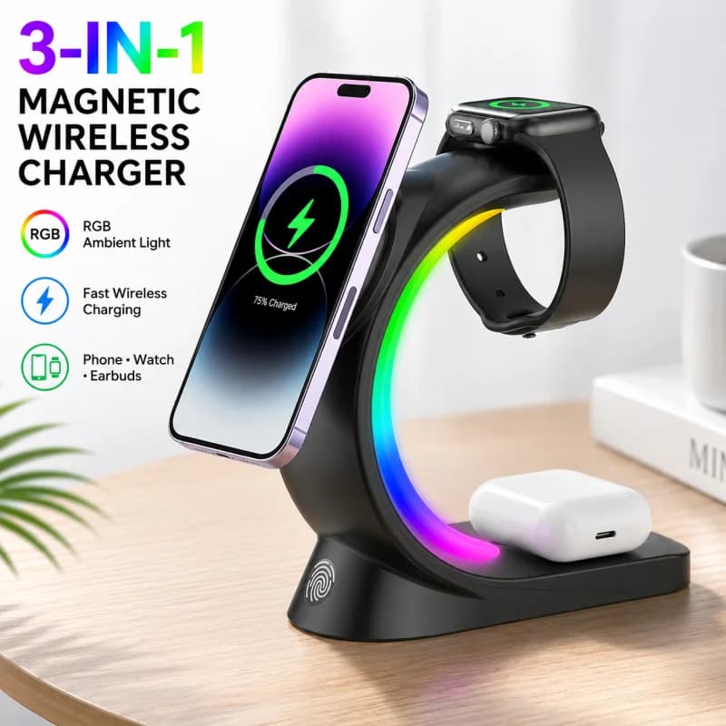 3 in 1 Magnetic Wireless Charger Fast Charging Stand for Phone Watch Earbuds Desktop Charging Dock