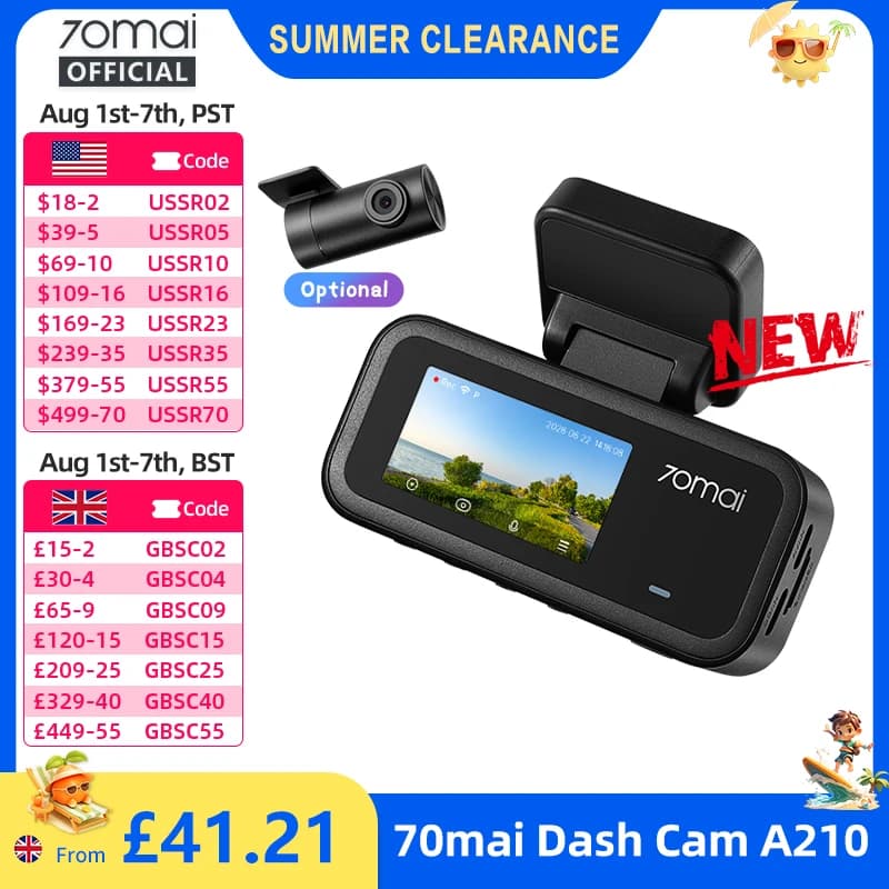 【New】70mai A210 Dash Cam 1080P HDR Night Vision Support Dual-Channel Supercapacitor Built-in GPS Wi-Fi6 24H Parking Surveillance