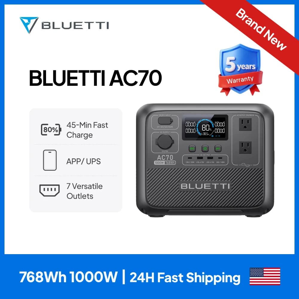 【US PLUG】BLUETTI AC70 Portable Power Station | 1000W 768Wh, Generator for Road Trip, Off-grid, Power Outage