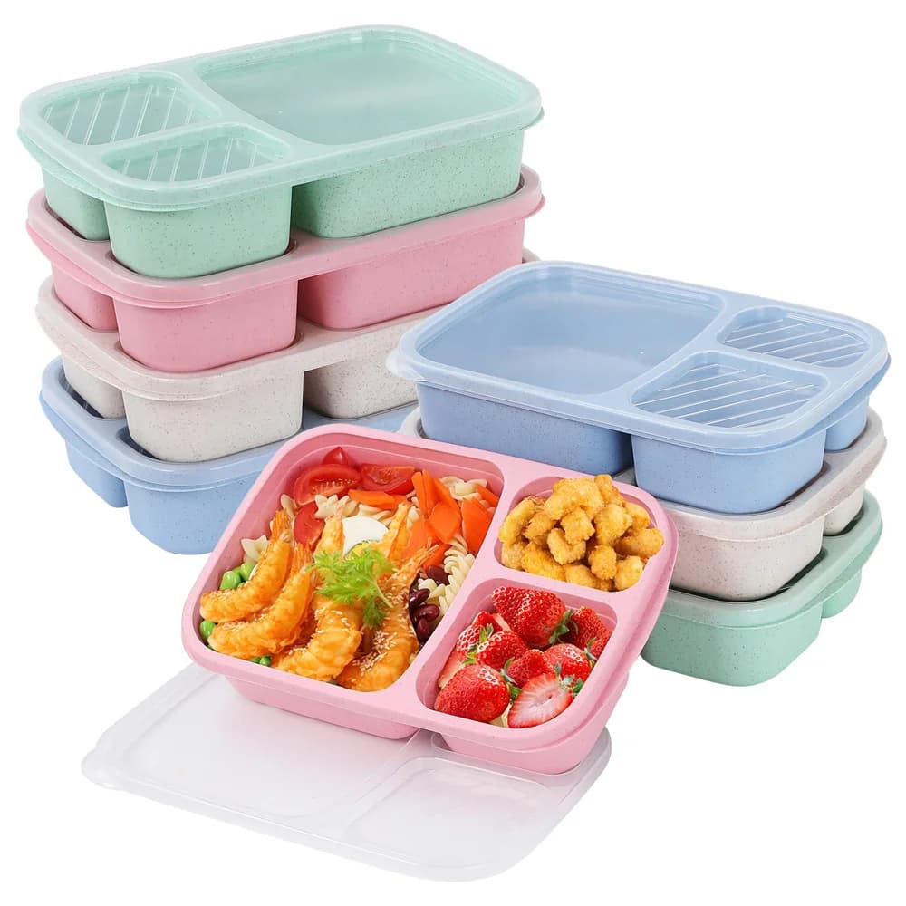 1/4pack Bento Lunch Box Set 3 Compartment Food Storage Containers Wheat Straw Meal Prep Lunch Box Plastic Food Storage Container