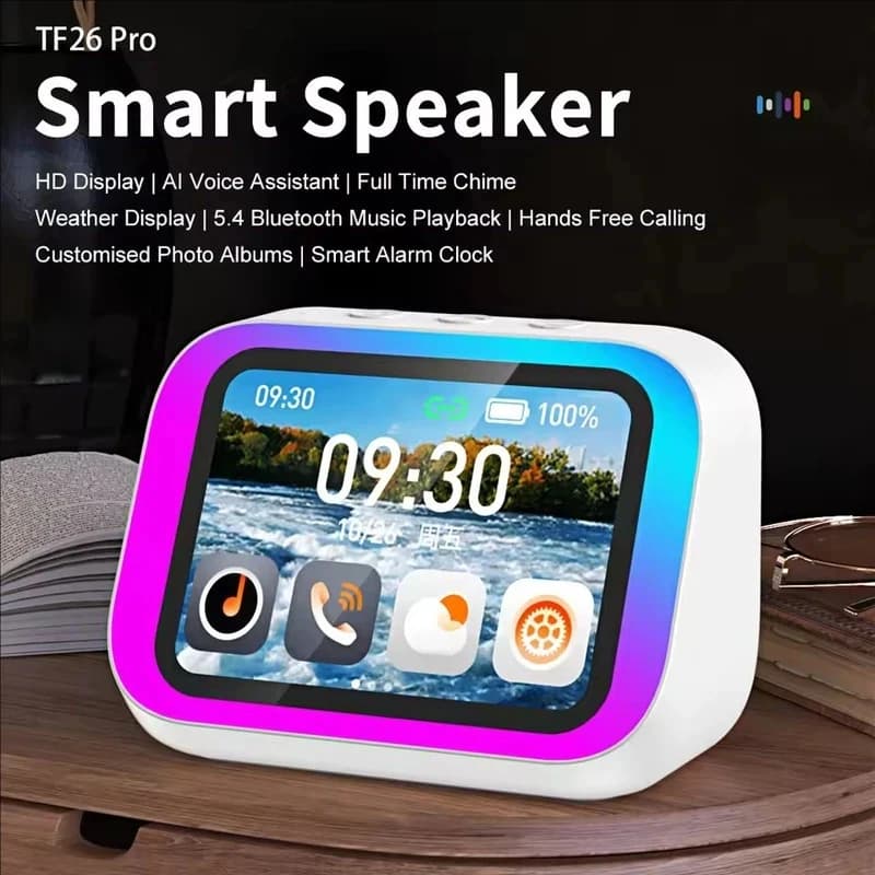 AI Bluetooth 5.4 Speaker HD Touch Screen Photo Album Alarm Clock HiFi Stereo Voice Assistant
