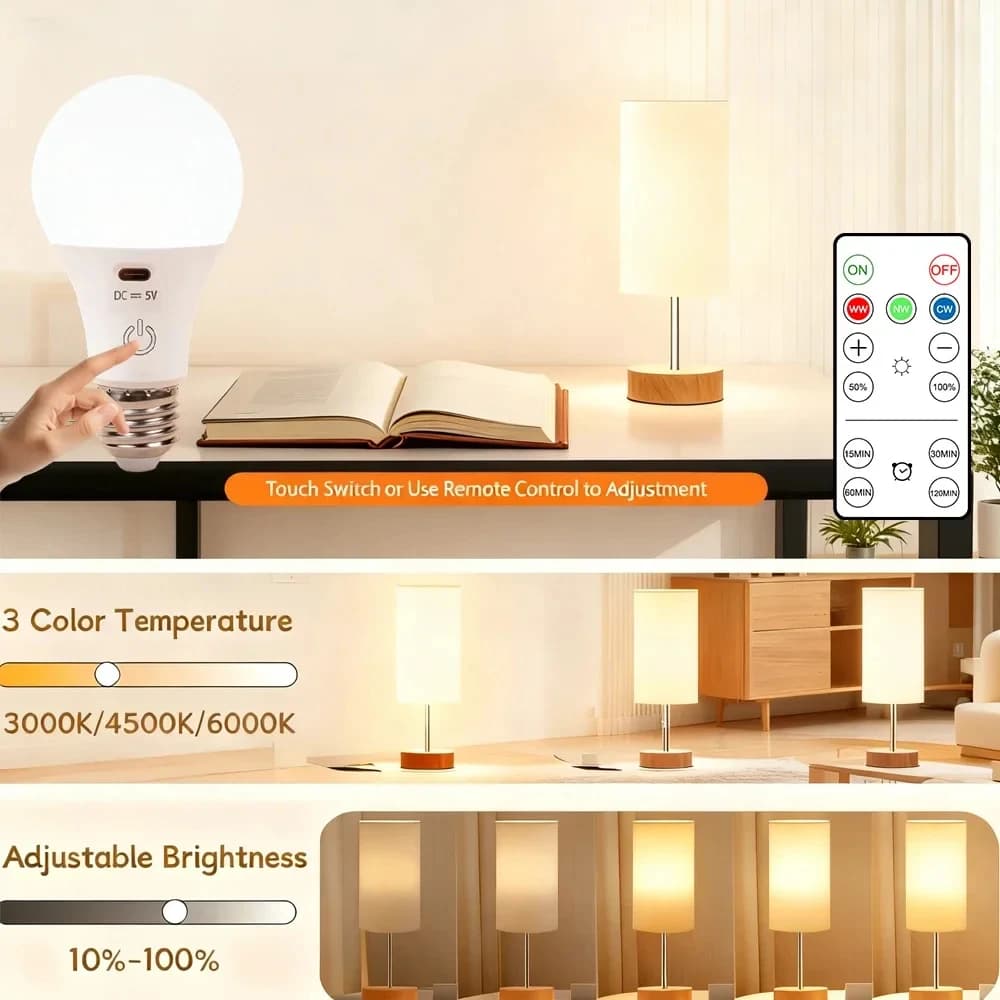 HOMEFISH RGB/3 color USB Led Bulb Rechargeable Light Bulb Smart Bulb Dimmable E27 Bulbs with Timing Cordless Battery