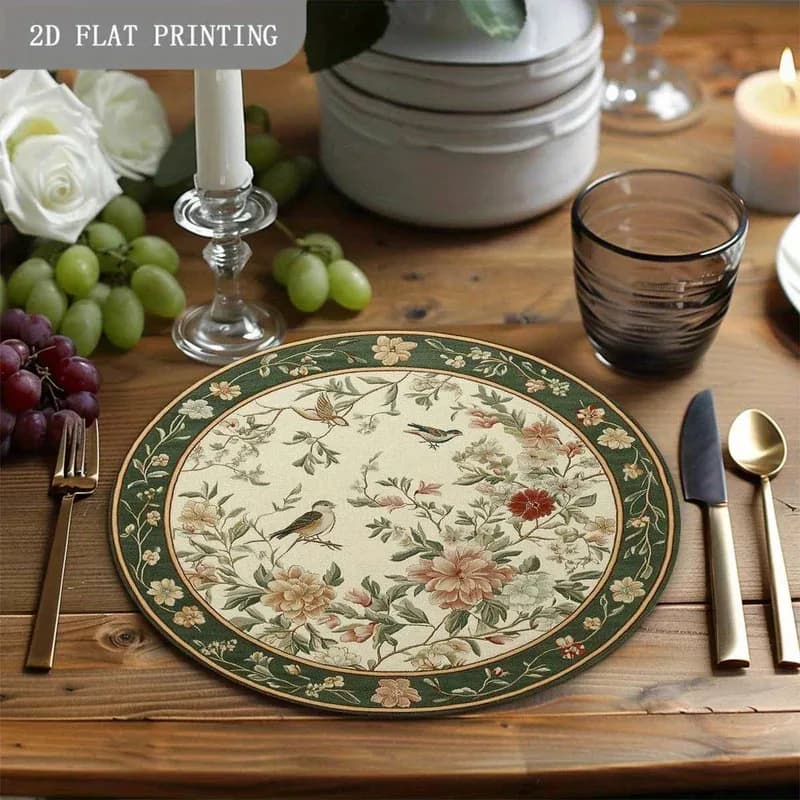 VIKAMA 4-Piece Round Placemat Set Rustic Floral Bird Print Heat-Resistant & Non-Slip Kitchen Table Decorative Mats