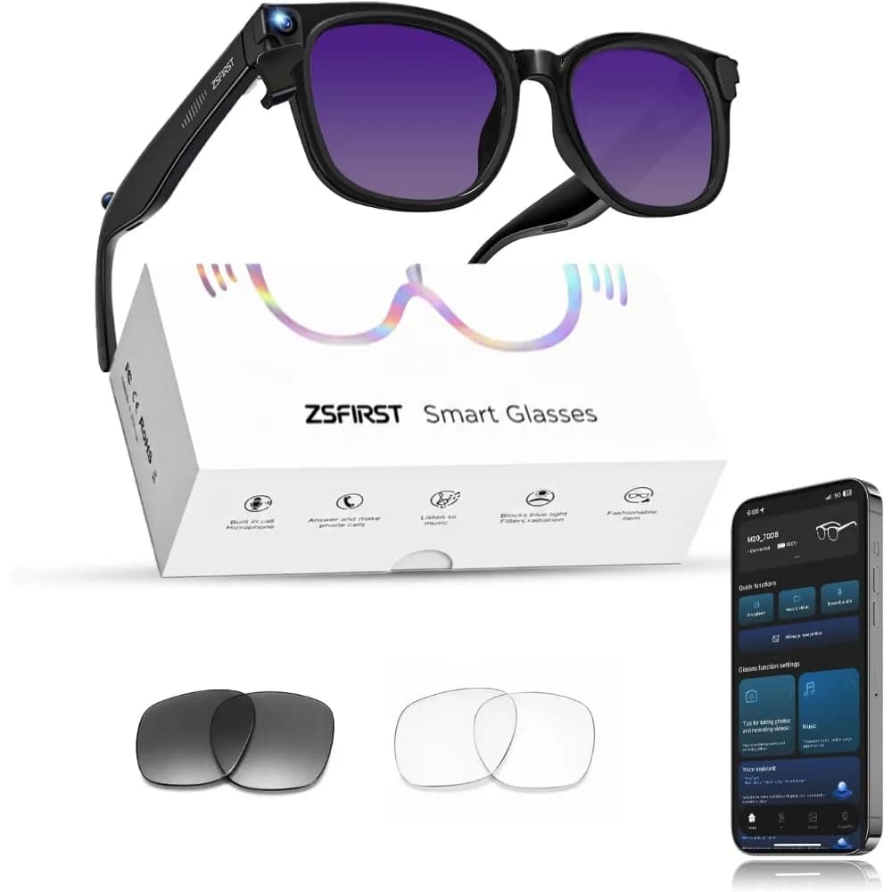 8MP Camera Glasses, Video Sunglasses, Removable Lens Cap, Real-Time Translation, Open-Ear Audio, 3 Travel and Vlogging Lenses