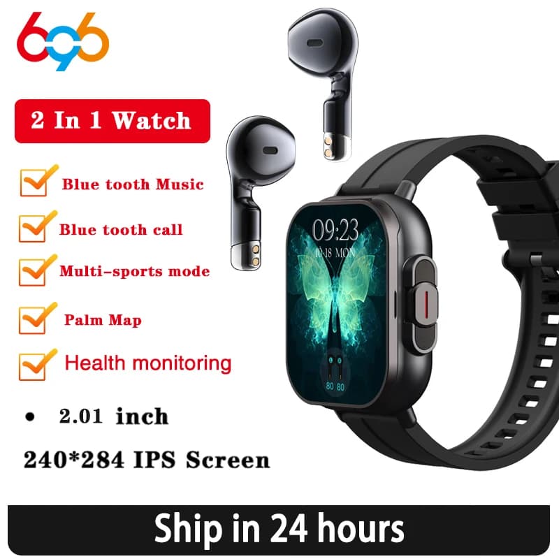 BT Call Blue Tooth Headphones Watches 2.01" Headset 2 in 1 Smart Watch Heart Rate Sport Fitness Bracelet TWS Earphone Smartwatch