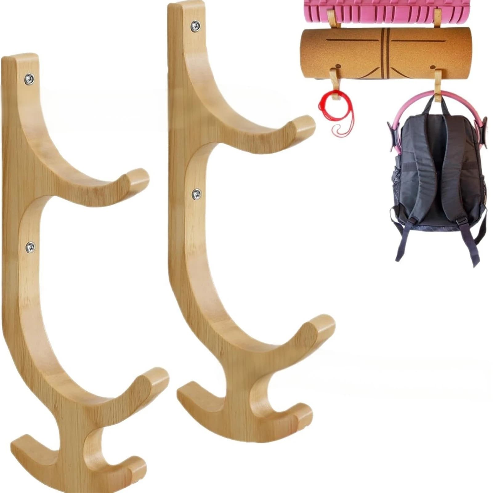 2piece Resistance Band Holder Wall Mount Declutter Gym Home With Wooden Yoga Mat Organizer Four Hooks For Vertical